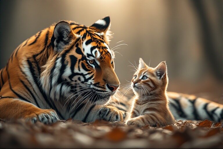 Caring Cat Protects a Tiger No Matter What