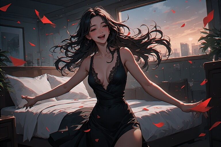 NiNA Dancing Freely in Her Hotel Room in a Black Dress and Long Hair