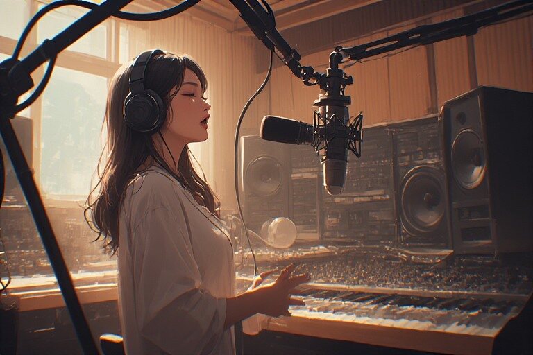 Lady Singing a Chinese Song in High Notes Inside a Recording Studio